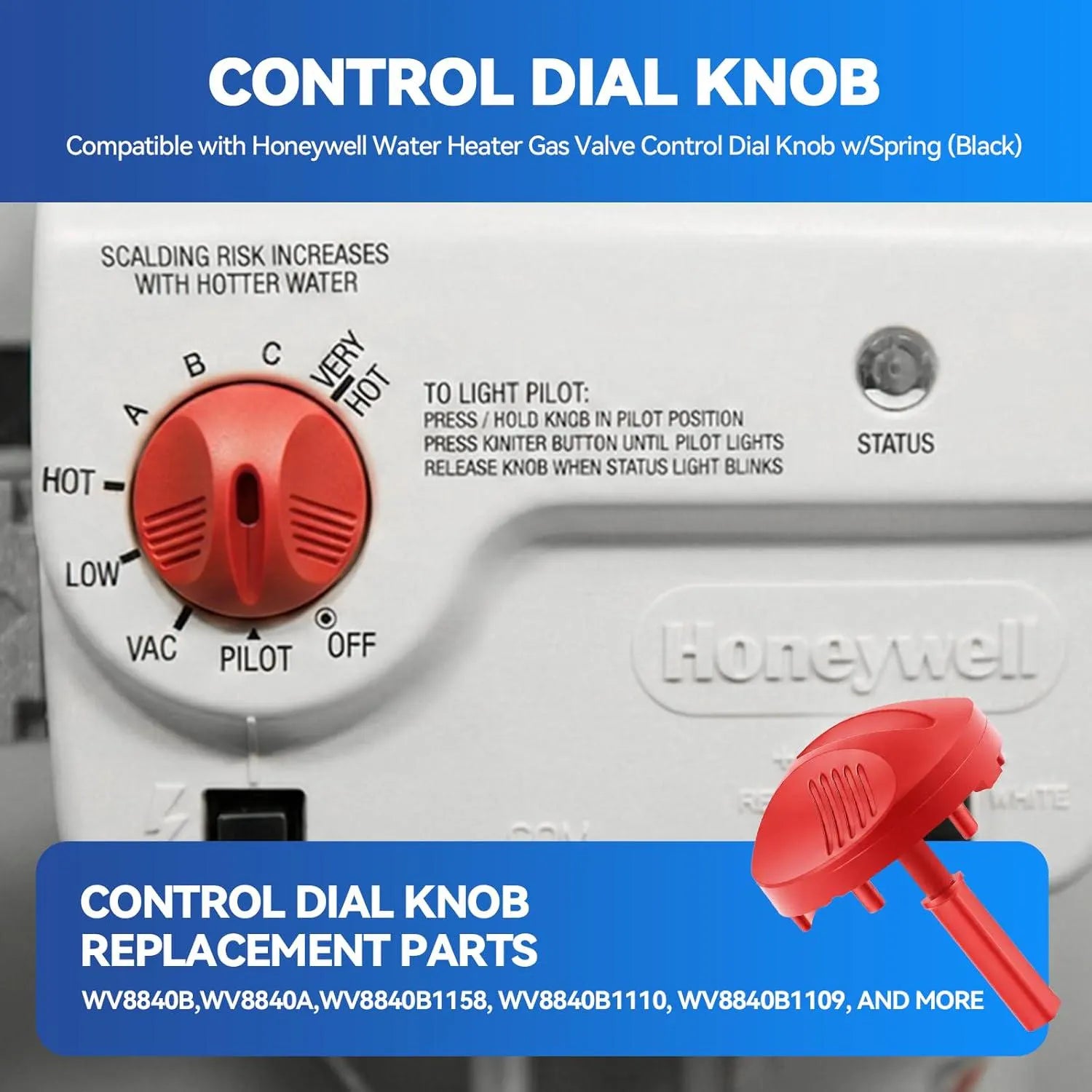 Honeywell Water Heater Gas Valve Control Dial Knob w/Spring WV8840A1000, WV8840A1050, WV8840A1051, WV8840A1001, WV4462A1081